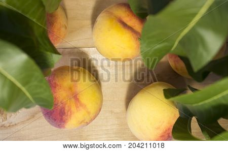 peaches on a brown background. Peaches with green leaves. grapes with green leaves. view from above.