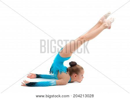 young girl doing gymnastics over white isolated,