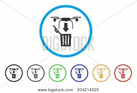 Drone Drop Trash icon. Vector illustration style is a flat iconic drone drop trash grey rounded symbol inside light blue circle with black, gray, green, blue, red, orange color variants.