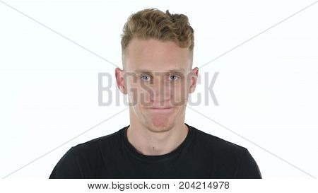 Neck Pain, Tired Young Man With Neckache Isolated On White Background