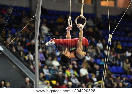 Male Gymnast Performing On Stationary Gymnastic Rings