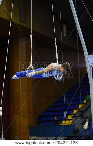 Male Gymnast Performing On Stationary Gymnastic Rings