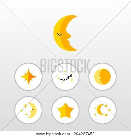 Flat Icon Night Set Of Asterisk, Bedtime, Starlet And Other Vector Objects