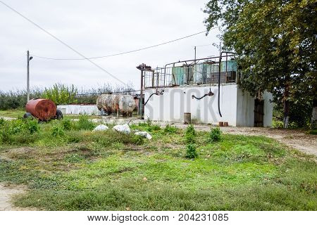 Station For Refueling Fertilizers. A Stationary Garden Station Where Fertilizers And Chemicals Are B
