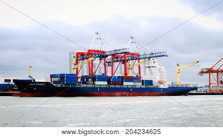 New York USA - September 2016: Container Ship Conti Arabella at the Red Hook Marine Terminal in Brooklyn.