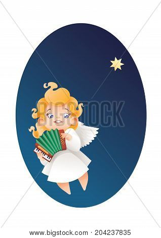 Christmas background design with accordionist angel musician. Happy smiling flying in the night sky cute cartoon kid play music  on  accordion to star. Good siut for card, music collection box cover