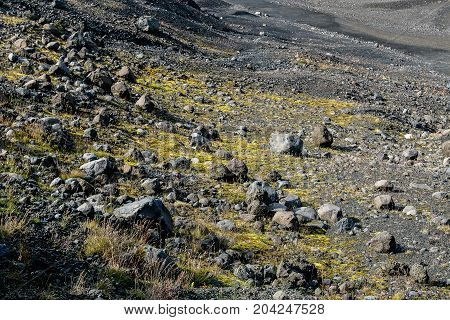 Volcanic rocky terrain of a mountain in Iceland.