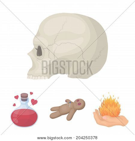 A voodoo doll, a magical fire, a love potion, a skull.Black and white magic set collection icons in cartoon style vector symbol stock illustration .