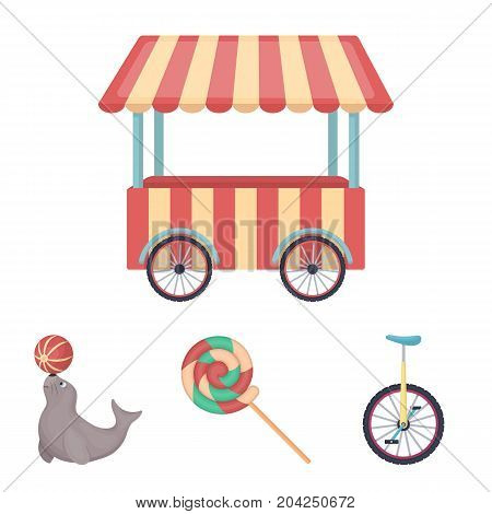 Lollipop, trained seal, snack on wheels, monocycle.Circus set collection icons in cartoon style vector symbol stock illustration .