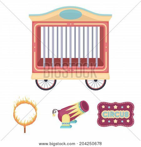 Circus trailer, circus gun, burning hoop, signboard.Circus set collection icons in cartoon style vector symbol stock illustration .