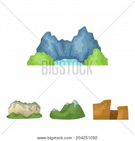Green mountains with snow tops, a canyon, rocks with forests, a lagoon and rocks. Different mountains set collection icons in cartoon style vector symbol stock illustration .