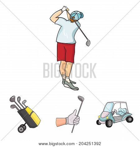 A gloved hand with a stick, a golf cart, a trolley bag with sticks in a bag, a man hammering with a stick. Golf Club set collection icons in cartoon style vector symbol stock illustration .