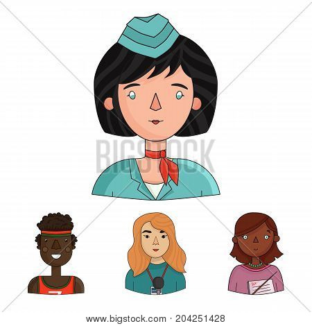 A journalist with a microphone with a badge, a teacher with a pointer in beads, a stewardess in a pilot's cap, an athlete with a bandage on her head.People of different professions set collection icons in cartoon style vector symbol stock illustration .