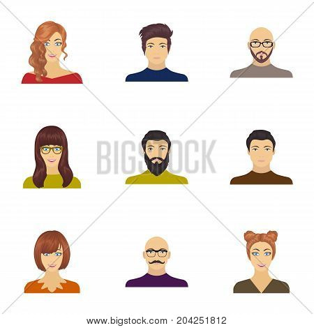 Appearance of the girl in glasses, a guy with a hairdo, a bald man with a beard and other varieties of face. Faces and appearance set collection icons in cartoon style vector symbol stock illustration .