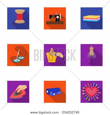 coil with thread, sewing machine, fabric and other equipment. Sewing and equipment set collection icons in flat style vector symbol stock illustration .