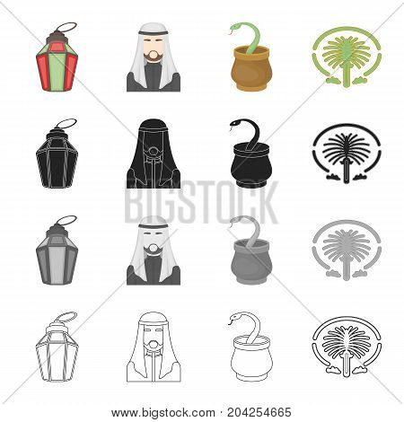 Feast of Ramadan, the Arab sheik, the snake in the basket, the island Palm Jumeirah.United Arab Emirates set collection icons in cartoon black monochrome outline style vector symbol stock illustration .