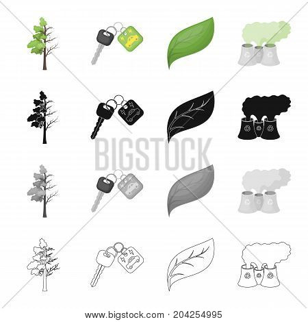 Degenerate tree, electric car key, bio, sheet, air emissions, pollution. Ecology set collection icons in cartoon black monochrome outline style vector symbol stock illustration .