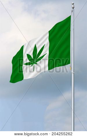 Green and white Canadian flag with a pot leaf waving in the wind on a flagpole