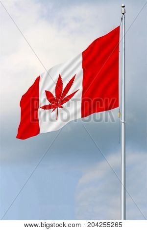 Red and white Canadian flag with a pot leaf waving in the wind on a flagpole