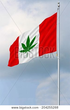 Red and white Canadian flag with a green pot leaf waving in the wind on a flagpole