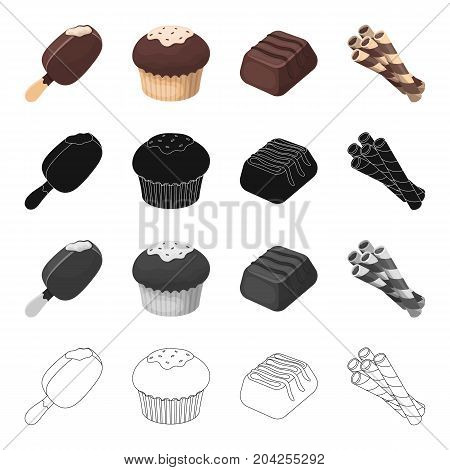 Ice cream, dessert cake, chocolate candy, chocolate tubes. Dessert set collection icons in cartoon black monochrome outline style vector symbol stock illustration .