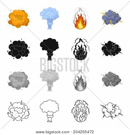 Nuclear explosion, flash, flame. Various types of explosions set collection icons in cartoon black monochrome outline style vector symbol stock illustration .