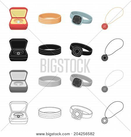 Gift wrap, ring, jewelry ring, pendant on a chain. Jewelry and Accessories set collection icons in cartoon black monochrome outline style vector symbol stock illustration .