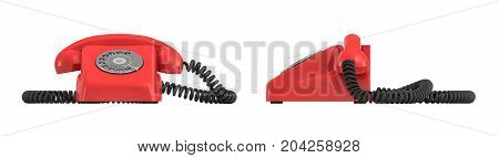 3d rendering of an old-fashioned rotary phone in front and side view on white background. Emergency number. Red phone. Secure line.