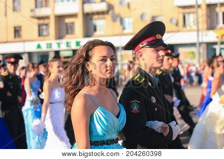 Zhytomyr, Ukraine - MAY 19, 2014: Military and civil people dancing at the ball at midday