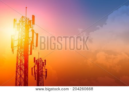 Communication Tower Or 3G 4G Network Telephone Cellsite With Dusk Sky With Space For Text