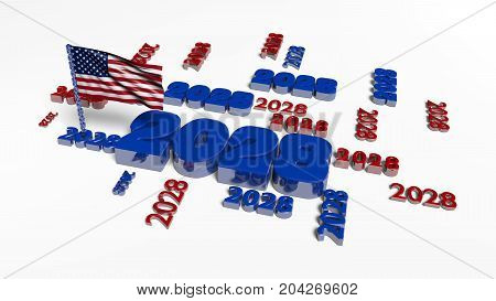 3D illustration of USA Flag in the Wind with 2028 Designs and a white background