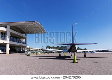 ST. PETERSBURG USA - FEBR 16 2017: Albert Whitted Airport Private piston aircraft Piper Matrix in the foreground. St. Petersburg FLorida