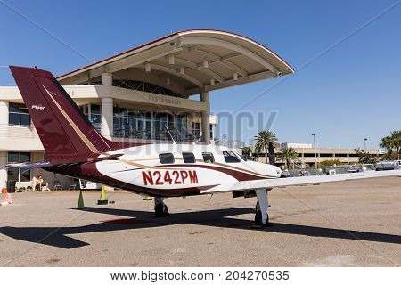 ST. PETERSBURG USA - FEBR 16 2017: Albert Whitted Airport Private piston aircraft Piper Matrix in the foreground. St. Petersburg FLorida