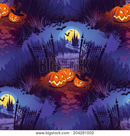 Seamless Halloween Pattern with Pumpkins on light background.