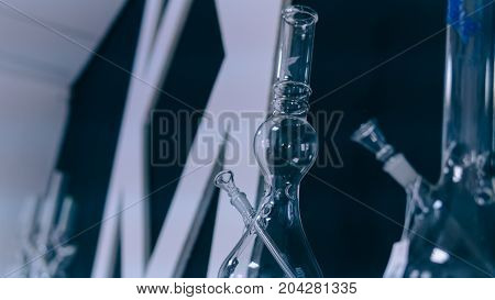 Glass Bongs For Smoking Weed Close-up Soft Focus. Smoking Accessories Marijuana