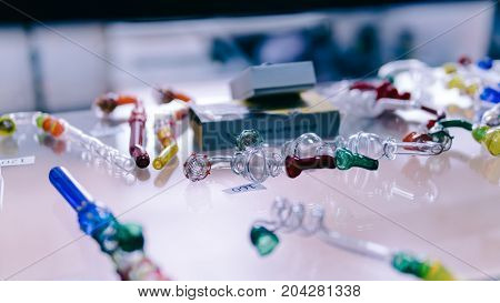 Glass Bongs For Smoking Weed Close-up Soft Focus. Smoking Accessories Marijuana