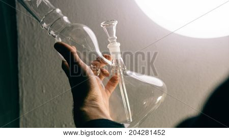 Glass Bongs For Smoking Weed Close-up Soft Focus. Smoking Accessories Marijuana