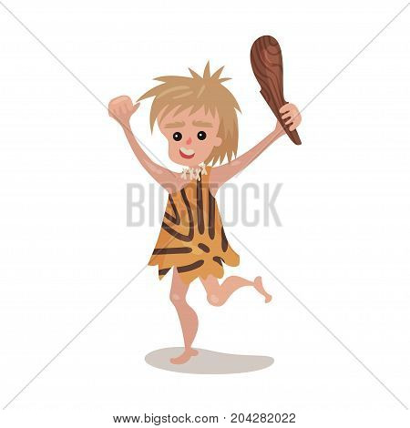 Prehistoric cave boy wearing in an animal skin running with a cudgel, stone age character colorful vector Illustration on a white background