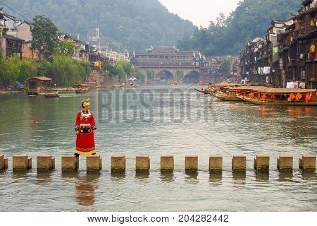 Tourist Old Stepping Stone Bridge Fenghuang China