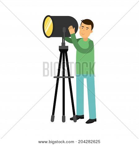 Man controlling studio lighting equipment on a tripod vector Illustration on a white background