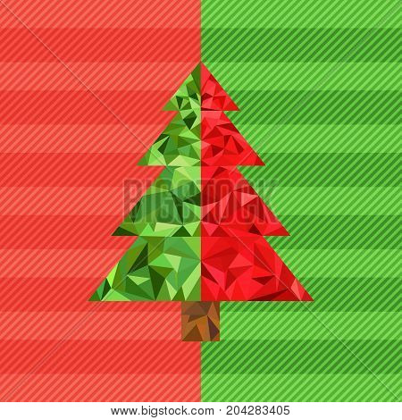 Abstract geometric triangle low poly art style green and red christmas tree greeting card polygonal design for brochure magazine poster leaflet print ad icon Vector illustration