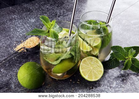 Lemon Fruit Lime Caipirinha Of Brazil On Grey Vintage Background