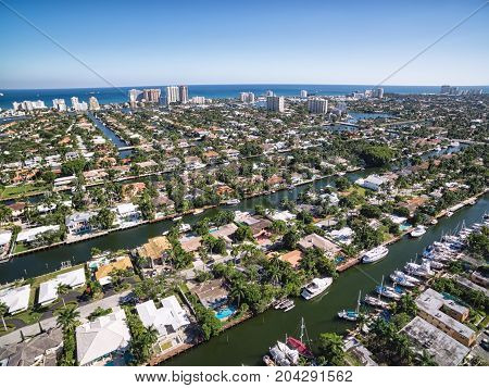 Aerial view of Fort Lauderdale Las Olas Isles, Florida, USA