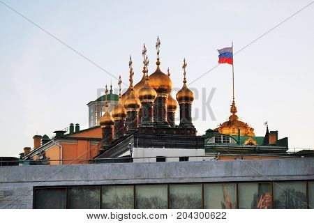 Terem churches of Moscow Kremlin. UNESCO World Heritage Site. Color photo. Blue sky background.