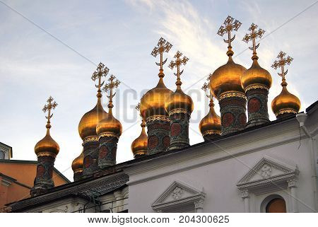 Terem churches of Moscow Kremlin. UNESCO World Heritage Site. Color photo. Blue sky background.