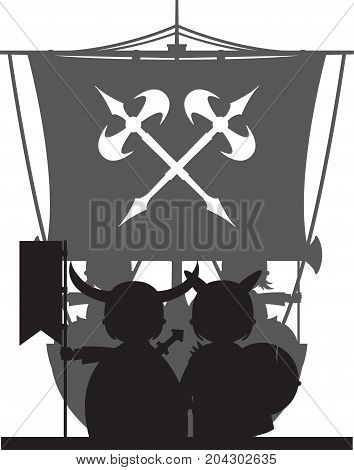 Cute Cartoon Viking and Longship Scene Illustration