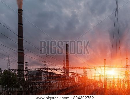 coal power station and cement plant at night