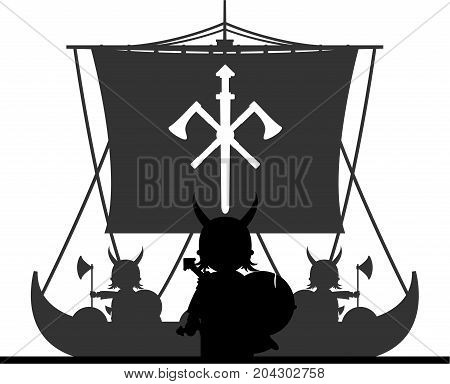 Cute Cartoon Viking and Longship Scene Illustration