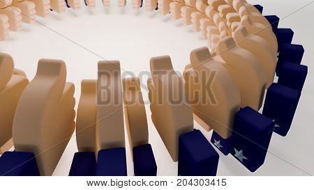 Thumb up signs in circular formation in agreement to one idea or person which can be placed in the center of the assembly.
