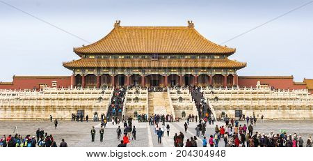 Beijing, China - Oct 30, 2016: The Hall of Supreme Harmony (Taihedian) ahead. At the Forbidden City (Gu Gong, Palace Museum).